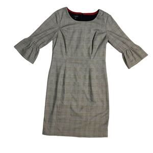 Talbots Glen Plaid Sheath 3/4 Sleeve Dress Size 4 Black White Red Knee Length